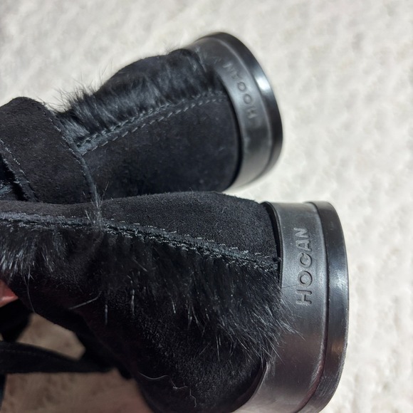 HOGAN $925 Italy Boots Suede Leather Black Solid Real Fur Trim Strappy US Sz 9.5 - Picture 3 of 11